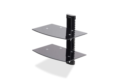 StarTech.com Dubbele Hangende Wandplanken voor Audio/Video Apparatuur, In Hoogte Verstelbare Schappen voor Onder TV, Hangend Wandmeubel, Organiseer uw A/V apparatuur op deze zwarte glazen schappen