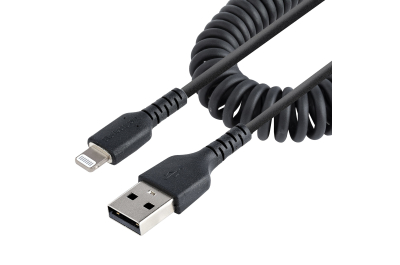 StarTech.com 1m USB A naar Lightning Kabel, Zwart, MFi Gecertificeerd, iPhone Lader Spiraalkabel, Duurzame Aramidevezels, Robuuste USB Lightning Laadkabel